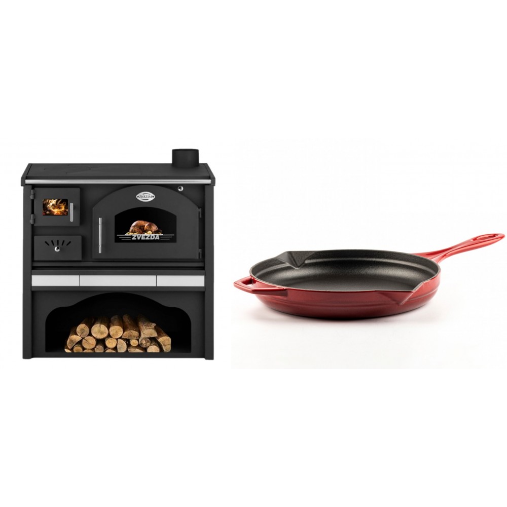 Set Küchenofen / Küchenhexe mit Backofen und Kochplatte Zvezda, Modell Classic GFS Keramik, Leistung 5.9 kW + Emaillierte Gusseisenpfanne Solagio, Rubin, Ф28cm