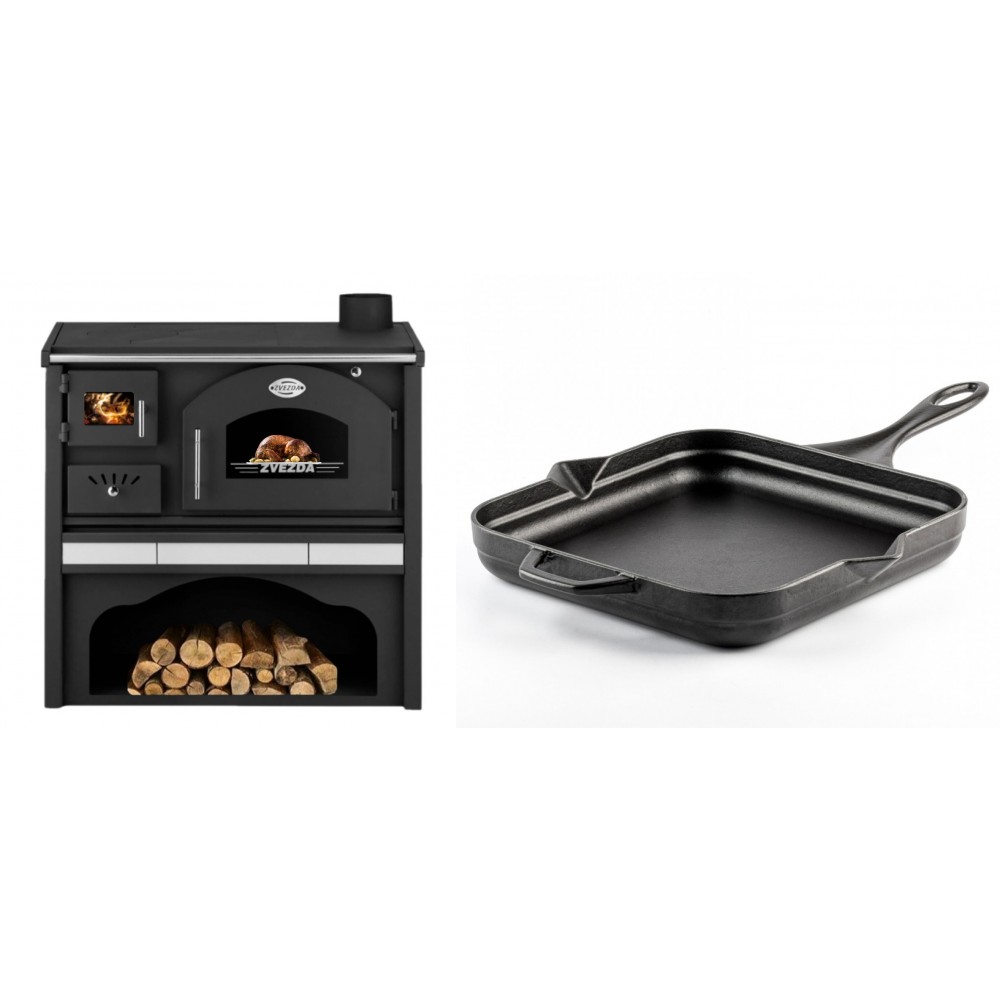 Set Küchenofen / Küchenhexe mit Backofen und Kochplatte Zvezda, Modell Classic GFS Keramik, Leistung 5.9 kW + Emaillierte Gusseisenpfanne Solagio, Black Onyx, 28x28cm | Kaminofen - Holzofen mit Backfach | Kaminofen |