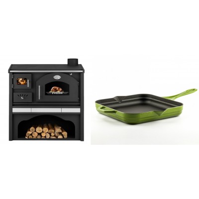 Set Küchenofen / Küchenhexe mit Backofen und Kochplatte Zvezda, Modell Classic GFS Keramik, Leistung 5.9 kW + Emaillierte Gusseisenpfanne Solagio, Bamboo, 28x28cm - Kaminofen - Holzofen mit Backfach