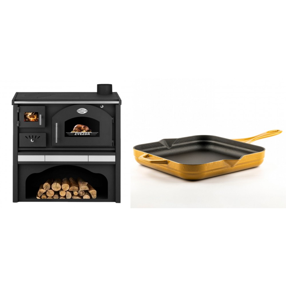 Set Küchenofen / Küchenhexe mit Backofen und Kochplatte Zvezda, Modell Classic GFS Keramik, Leistung 5.9 kW + Emaillierte Gusseisenpfanne Solagio, Dijon, 28x28cm