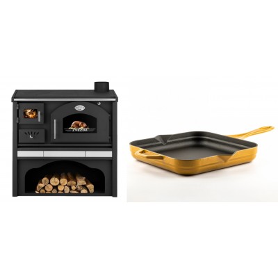 Set Küchenofen / Küchenhexe mit Backofen und Kochplatte Zvezda, Modell Classic GFS Keramik, Leistung 5.9 kW + Emaillierte Gusseisenpfanne Solagio, Dijon, 28x28cm - Kaminofen - Holzofen mit Backfach