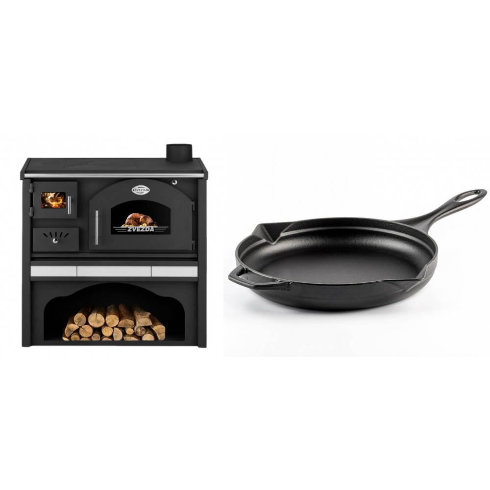 Set Küchenofen / Küchenhexe mit Backofen und Kochplatte Zvezda, Modell Classic GFS Keramik, Leistung 5.9 kW + Emaillierte Gusseisenpfanne Solagio, Black Onyx, Ф28cm | Kaminofen - Holzofen mit Backfach | Kaminofen |