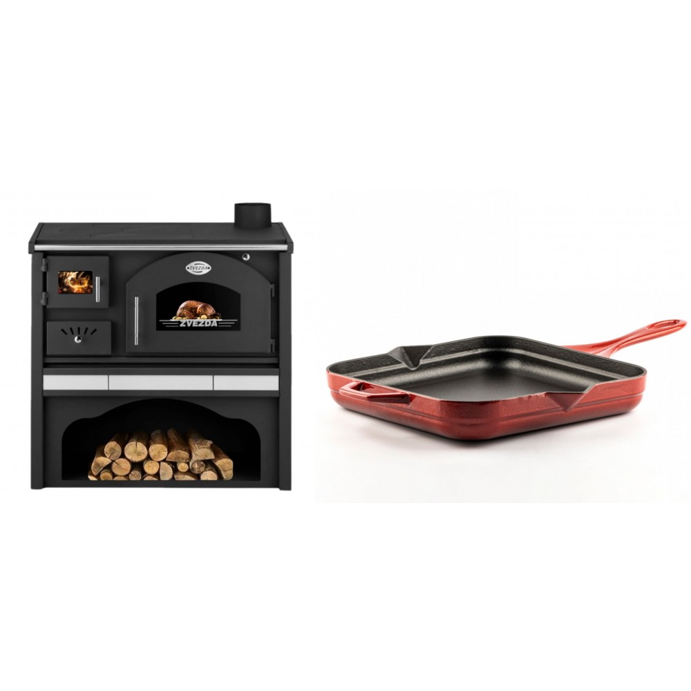 Set Küchenofen / Küchenhexe mit Backofen und Kochplatte Zvezda, Modell Classic GFS Keramik, Leistung 5.9 kW + Emaillierte Gusseisenpfanne Solagio, Rubin, 28x28cm