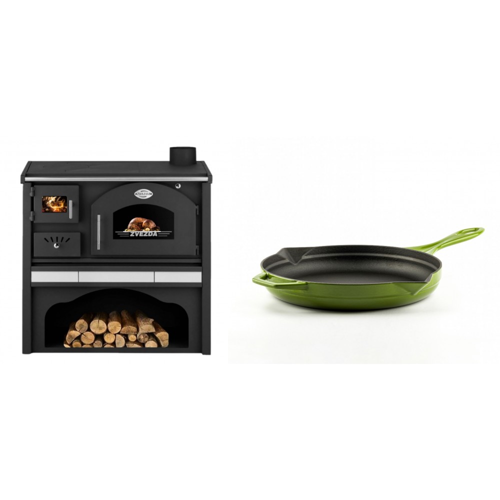 Set Küchenofen / Küchenhexe mit Backofen und Kochplatte Zvezda, Modell Classic GFS Keramik, Leistung 5.9 kW + Emaillierte Gusseisenpfanne Solagio, Bamboo, Ф24cm | Kaminofen - Holzofen mit Backfach | Kaminofen |