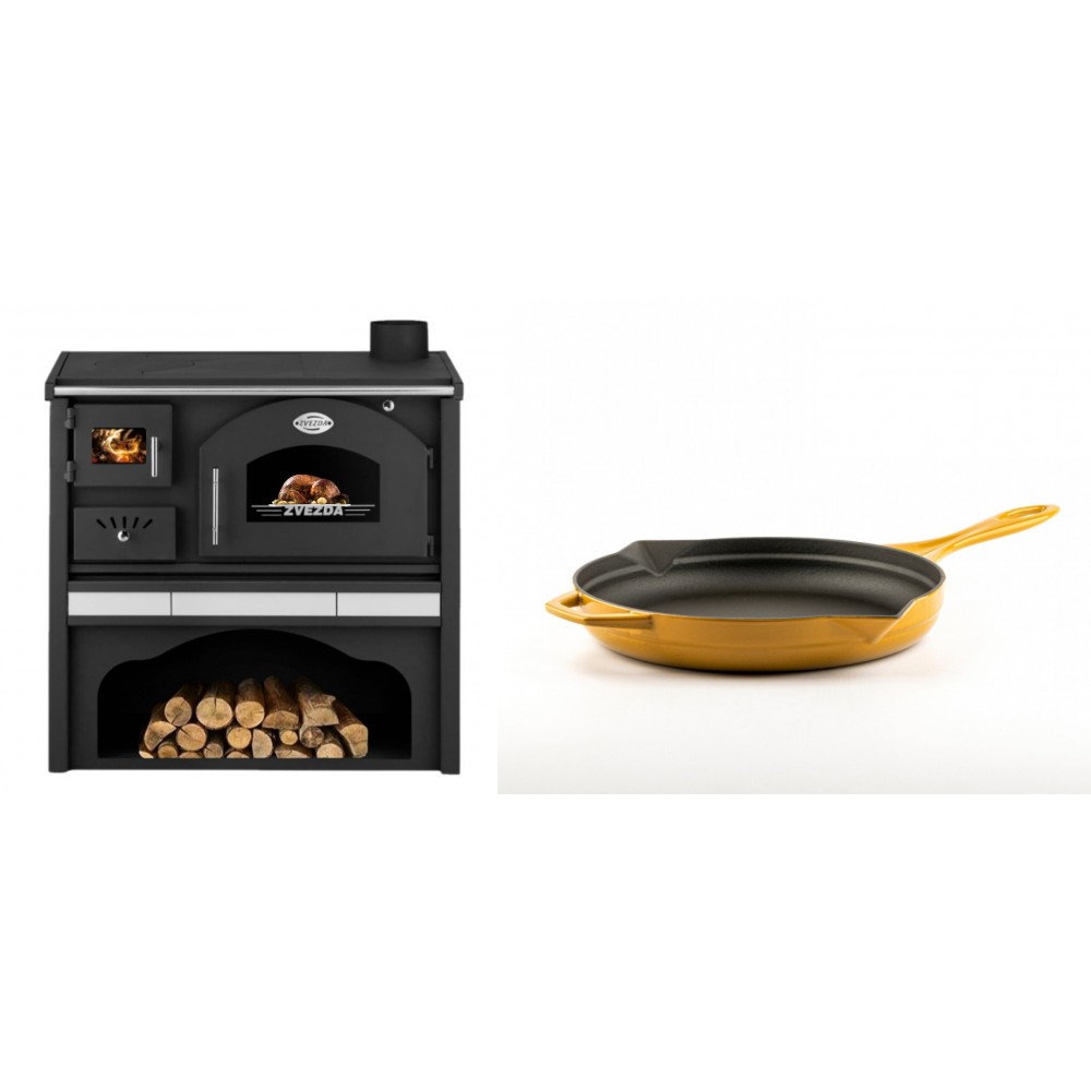 Set Küchenofen / Küchenhexe mit Backofen und Kochplatte Zvezda, Modell Classic GFS Keramik, Leistung 5.9 kW + Emaillierte Gusseisenpfanne Solagio, Dijon, Ф24cm | Kaminofen - Holzofen mit Backfach | Kaminofen |