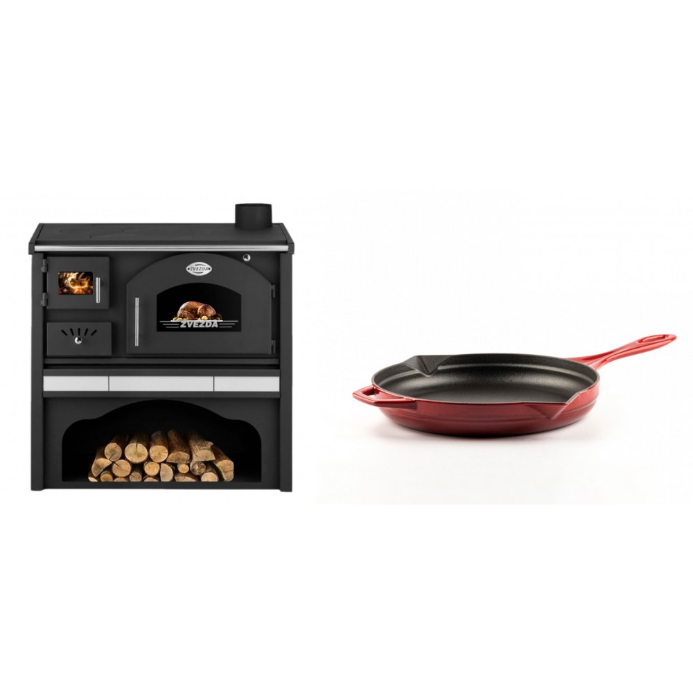 Set Küchenofen / Küchenhexe mit Backofen und Kochplatte Zvezda, Modell Classic GFS Keramik, Leistung 5.9 kW + Emaillierte Gusseisenpfanne Solagio, Rubin, Ф24cm | Kaminofen - Holzofen mit Backfach | Kaminofen |