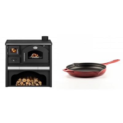 Set Küchenofen / Küchenhexe mit Backofen und Kochplatte Zvezda, Modell Classic GFS Keramik, Leistung 5.9 kW + Emaillierte Gusseisenpfanne Solagio, Rubin, Ф24cm - Kaminofen - Holzofen mit Backfach