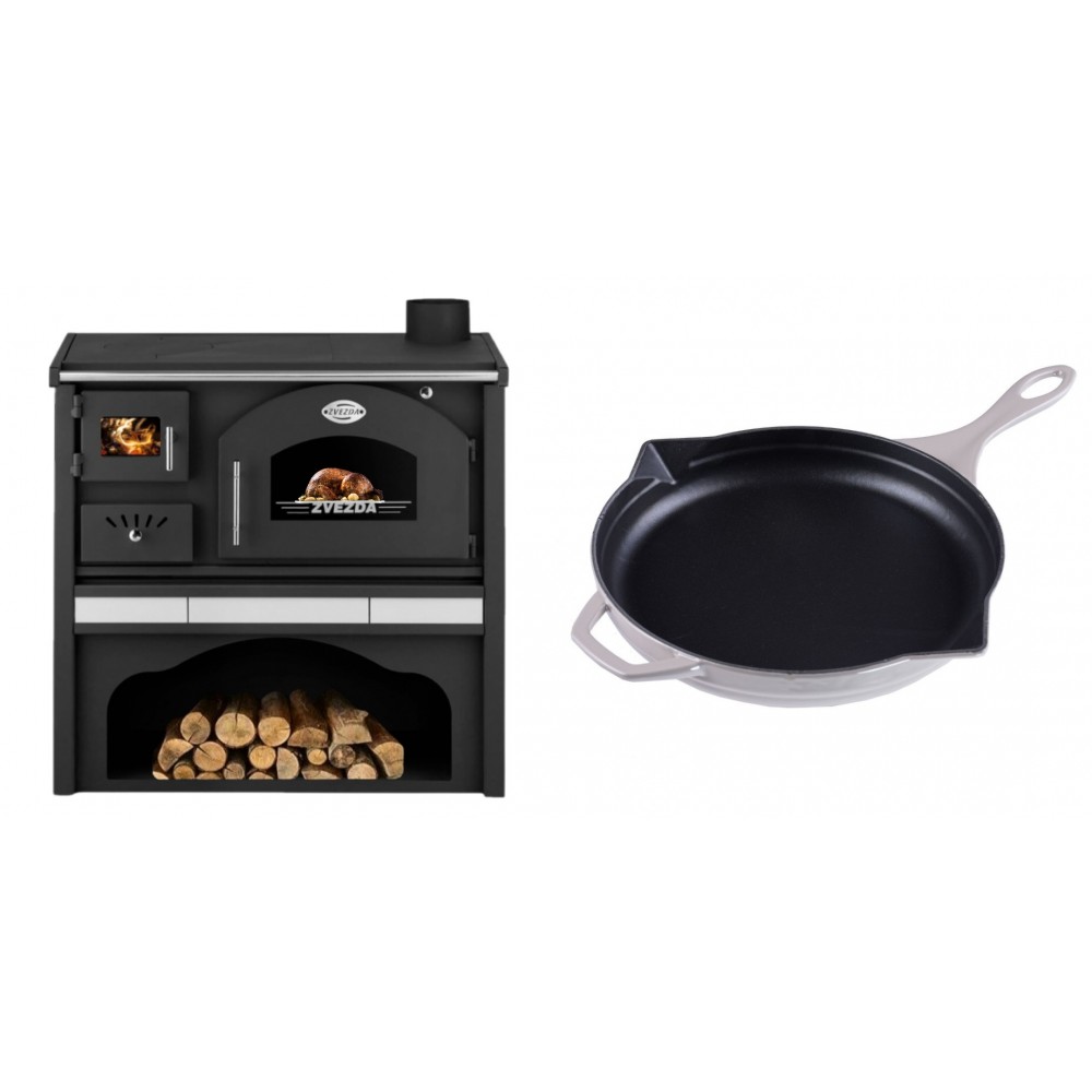 Set Küchenofen / Küchenhexe mit Backofen und Kochplatte Zvezda, Modell Classic GFS Keramik, Leistung 5.9 kW + Emaillierte Gusseisenpfanne Solagio, Ivory, Ф28cm | Kaminofen - Holzofen mit Backfach | Kaminofen |