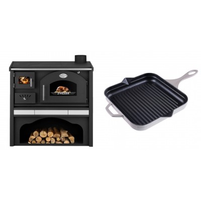 Set Küchenofen / Küchenhexe mit Backofen und Kochplatte Zvezda, Modell Classic GFS Keramik, Leistung 5.9 kW + Emaillierte grillpfanne Gusseisen Solagio, Ivory, 28x28cm - Kaminofen - Holzofen mit Backfach