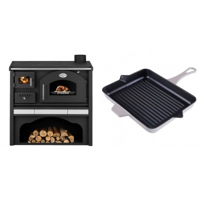 Set Küchenofen / Küchenhexe mit Backofen und Kochplatte Zvezda, Modell Classic GFS Keramik, Leistung 5.9 kW + Emaillierte grillpfanne Gusseisen Solagio, Ivory, 26x32cm - Kaminofen - Holzofen mit Backfach