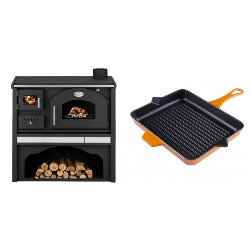 Set Küchenofen / Küchenhexe mit Backofen und Kochplatte Zvezda, Modell Classic GFS Keramik, Leistung 5.9 kW + Emaillierte grillpfanne Gusseisen Solagio, Dijon, 26x32cm