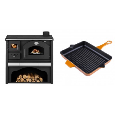 Set Küchenofen / Küchenhexe mit Backofen und Kochplatte Zvezda, Modell Classic GFS Keramik, Leistung 5.9 kW + Emaillierte grillpfanne Gusseisen Solagio, Dijon, 26x32cm - Kaminofen - Holzofen mit Backfach