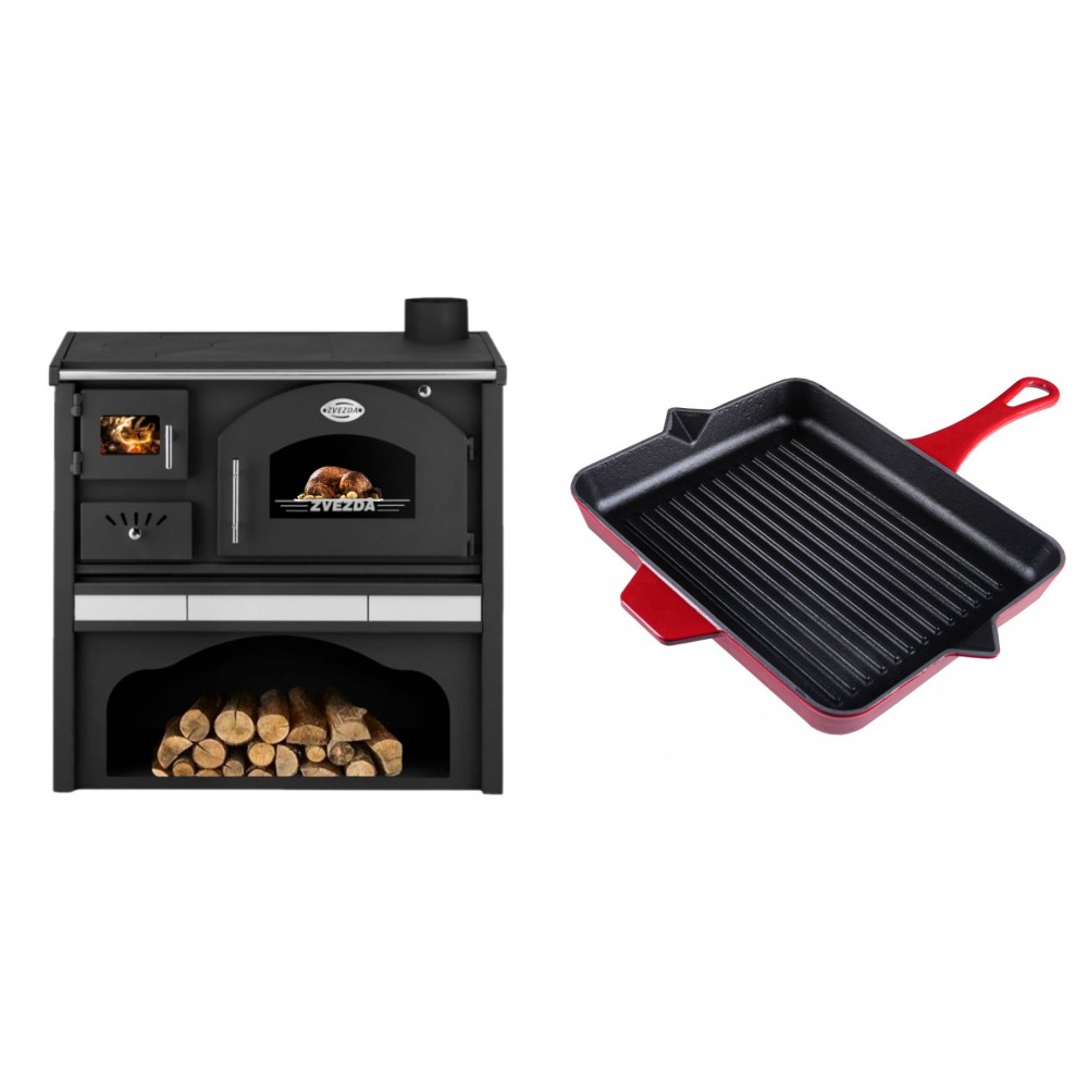 Set Küchenofen / Küchenhexe mit Backofen und Kochplatte Zvezda, Modell Classic GFS Keramik, Leistung 5.9 kW + Emaillierte grillpfanne Gusseisen Solagio, Rubin, 26x32cm