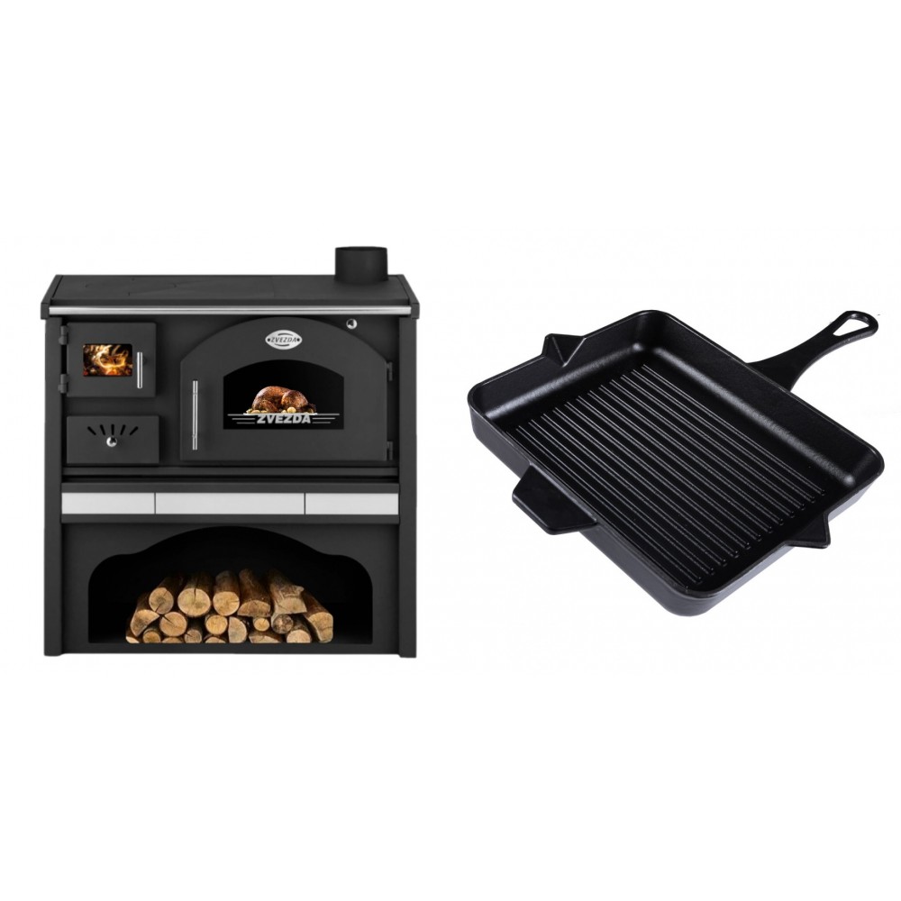Set Küchenofen / Küchenhexe mit Backofen und Kochplatte Zvezda, Modell Classic GFS Keramik, Leistung 5.9 kW + Emaillierte grillpfanne Gusseisen Solagio, Black Onyx, 26x32cm | Kaminofen - Holzofen mit Backfach | Kaminofen |