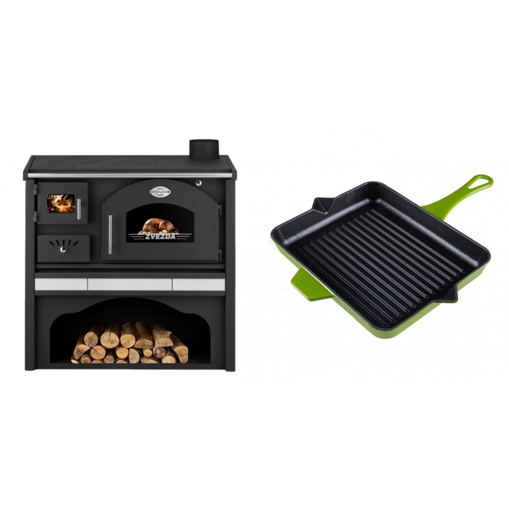 Set Küchenofen / Küchenhexe mit Backofen und Kochplatte Zvezda, Modell Classic GFS Keramik, Leistung 5.9 kW + Emaillierte grillpfanne Gusseisen Solagio, Bamboo, 26x32cm | Kaminofen - Holzofen mit Backfach | Kaminofen |