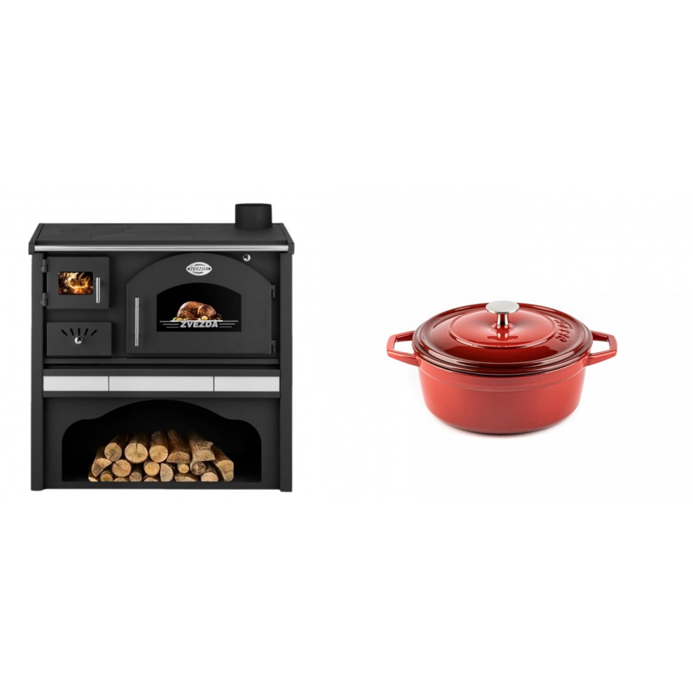 Set Küchenofen / Küchenhexe mit Backofen und Kochplatte Zvezda, Modell Classic GFS Keramik, Leistung 5.9 kW + Gusseisen Topf Tiefer Solagio, Rubin, Ф12