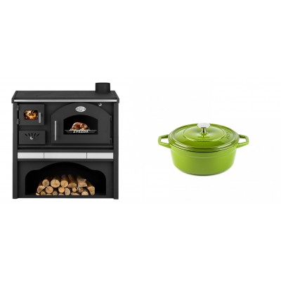 Set Küchenofen / Küchenhexe mit Backofen und Kochplatte Zvezda, Modell Classic GFS Keramik, Leistung 5.9 kW + Gusseisen Topf Tiefer Solagio, Bamboo, Ф12 - Kaminofen - Holzofen mit Backfach