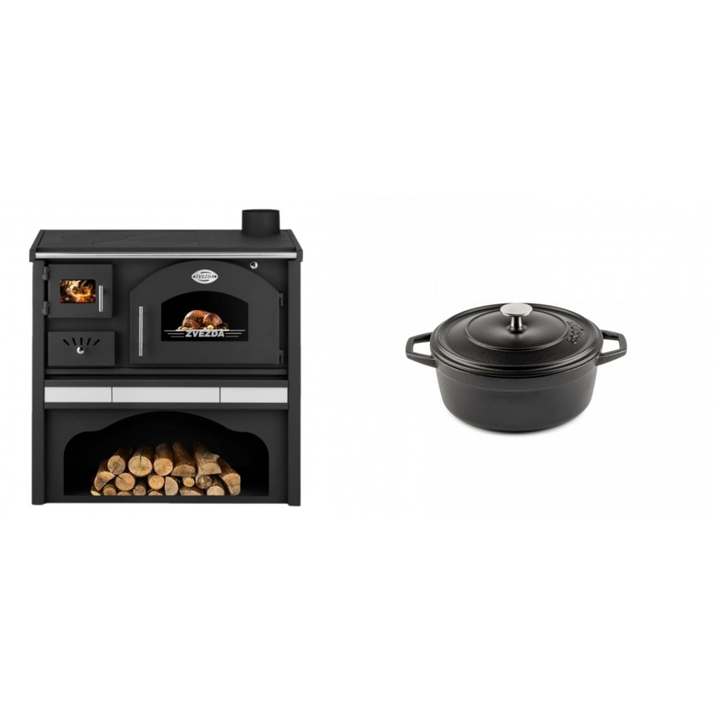 Set Küchenofen / Küchenhexe mit Backofen und Kochplatte Zvezda, Modell Classic GFS Keramik, Leistung 5.9 kW + Gusseisen Topf Tiefer Solagio, Black Onyx, Ф12 | Kaminofen - Holzofen mit Backfach | Kaminofen |