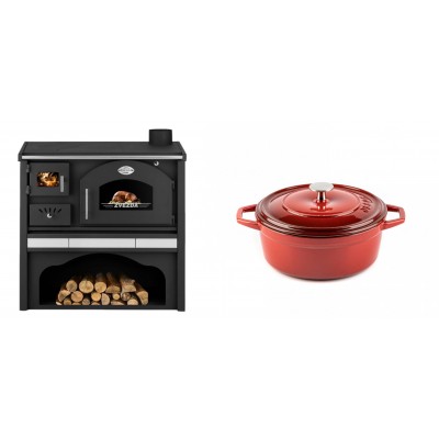 Set Küchenofen / Küchenhexe mit Backofen und Kochplatte Zvezda, Modell Classic GFS Keramik, Leistung 5.9 kW + Gusseisen Topf Tiefer Solagio, Rubin, Ф20 - Kaminofen - Holzofen mit Backfach