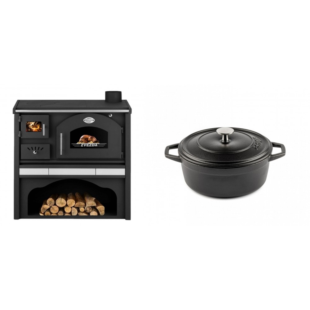 Set Küchenofen / Küchenhexe mit Backofen und Kochplatte Zvezda, Modell Classic GFS Keramik, Leistung 5.9 kW + Gusseisen Topf Tiefer Solagio, Black Onyx, Ф20