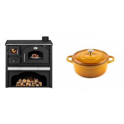 Set Küchenofen / Küchenhexe mit Backofen und Kochplatte Zvezda, Modell Classic GFS Keramik, Leistung 5.9 kW + Gusseisen Topf Tiefer Solagio, Dijon, Ф20 - Kaminofen - Holzofen mit Backfach