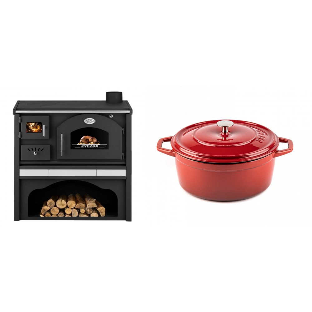 Set Küchenofen / Küchenhexe mit Backofen und Kochplatte Zvezda, Modell Classic GFS Keramik, Leistung 5.9 kW + Gusseisen Topf Tiefer Solagio, Rubin, Ф24