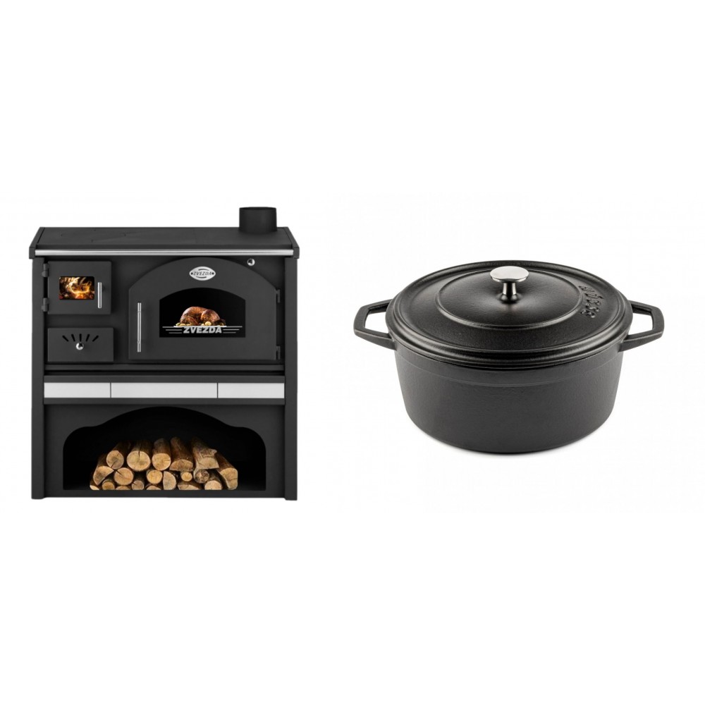 Set Küchenofen / Küchenhexe mit Backofen und Kochplatte Zvezda, Modell Classic GFS Keramik, Leistung 5.9 kW + Gusseisen Topf Tiefer Solagio, Black Onyx, Ф24 | Kaminofen - Holzofen mit Backfach | Kaminofen |
