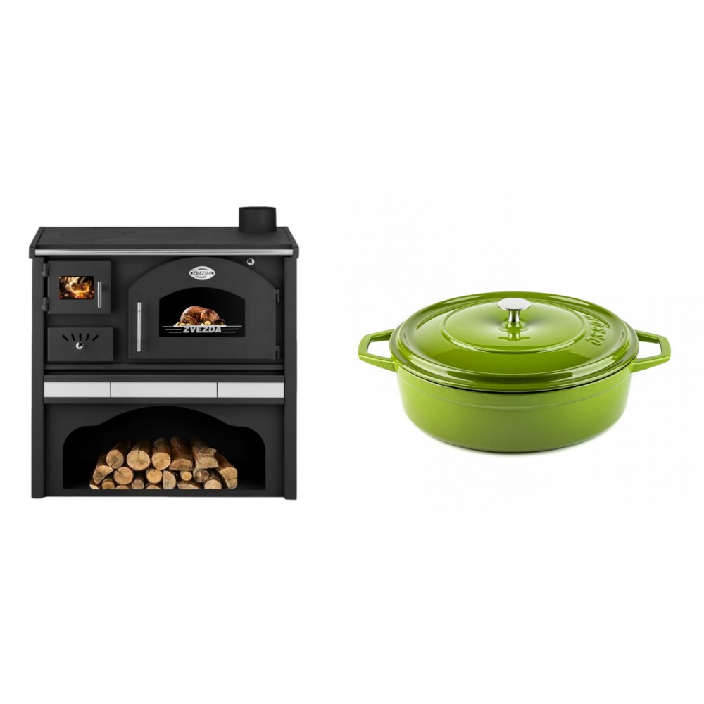 Set Küchenofen / Küchenhexe mit Backofen und Kochplatte Zvezda, Modell Classic GFS Keramik, Leistung 5.9 kW + Gusseisen Topf Flach Solagio, Bamboo, Ф26 | Kaminofen - Holzofen mit Backfach | Kaminofen |