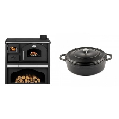 Set Küchenofen / Küchenhexe mit Backofen und Kochplatte Zvezda, Modell Classic GFS Keramik, Leistung 5.9 kW + Gusseisen Topf Flach Solagio, Black Onyx, Ф26 - Kaminofen - Holzofen mit Backfach