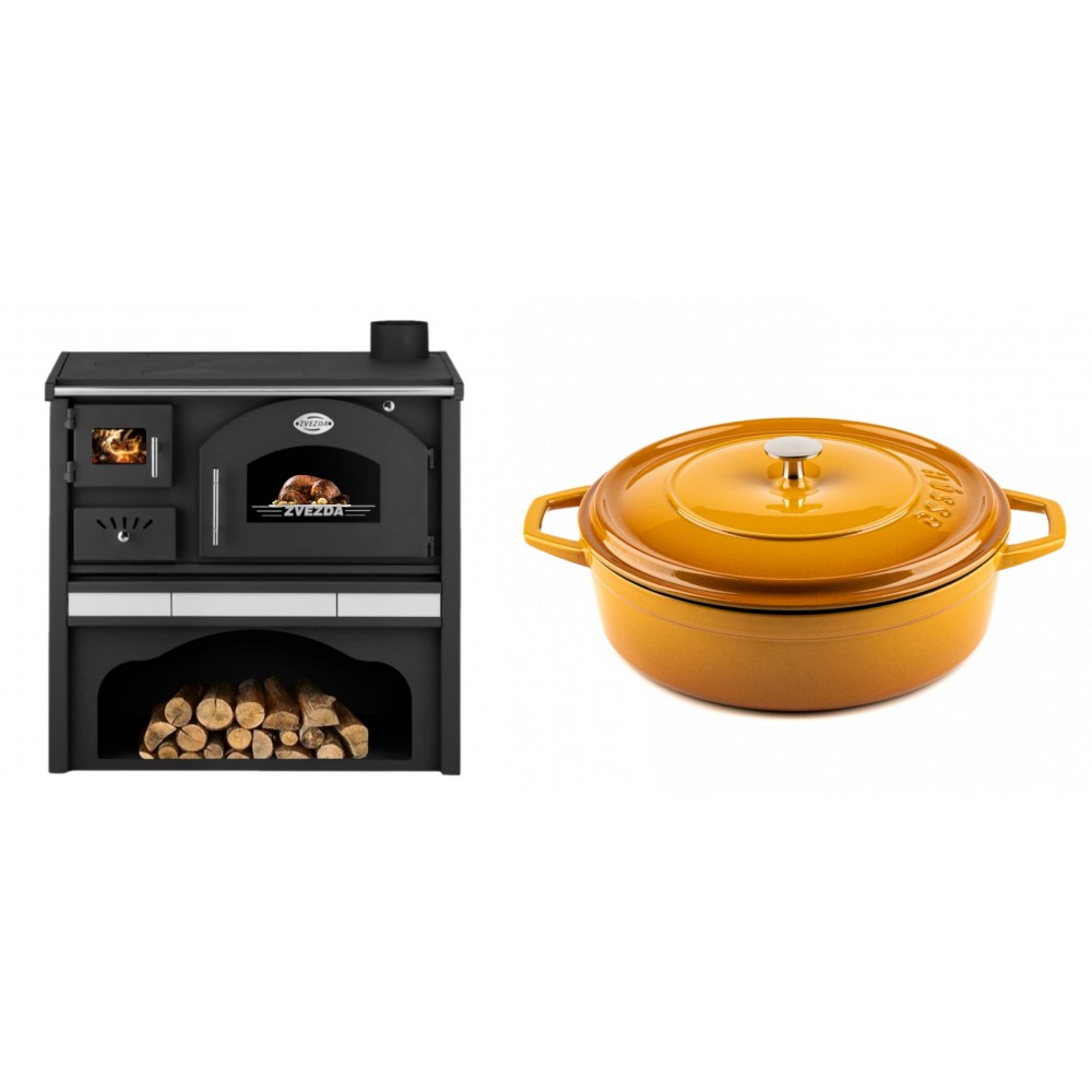 Set Küchenofen / Küchenhexe mit Backofen und Kochplatte Zvezda, Modell Classic GFS Keramik, Leistung 5.9 kW + Gusseisen Topf Flach Solagio, Dijon, Ф28