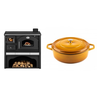 Set Küchenofen / Küchenhexe mit Backofen und Kochplatte Zvezda, Modell Classic GFS Keramik, Leistung 5.9 kW + Gusseisen Topf Flach Solagio, Dijon, Ф28 - Kaminofen - Holzofen mit Backfach
