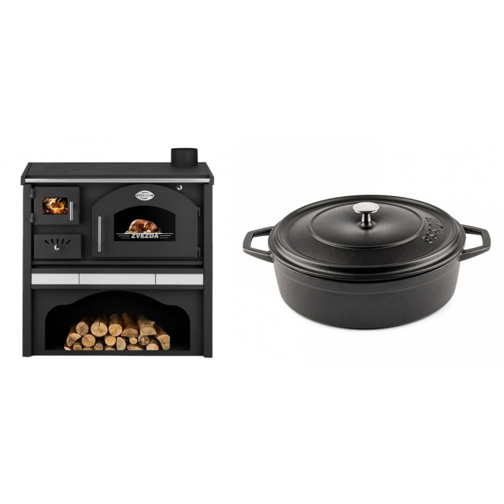 Set Küchenofen / Küchenhexe mit Backofen und Kochplatte Zvezda, Modell Classic GFS Keramik, Leistung 5.9 kW + Gusseisen Topf Flach Solagio, Black Onyx, Ф28 | Kaminofen - Holzofen mit Backfach | Kaminofen |