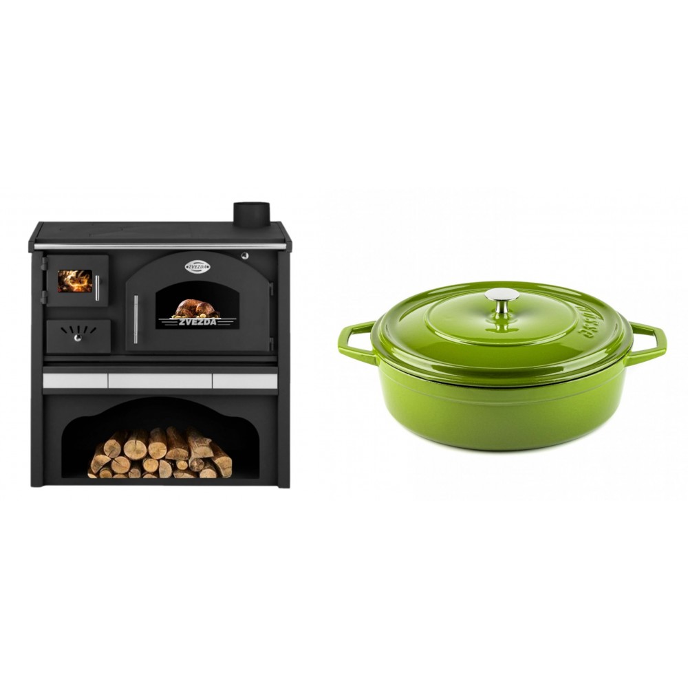 Set Küchenofen / Küchenhexe mit Backofen und Kochplatte Zvezda, Modell Classic GFS Keramik, Leistung 5.9 kW + Gusseisen Topf Flach Solagio, Bamboo, Ф28