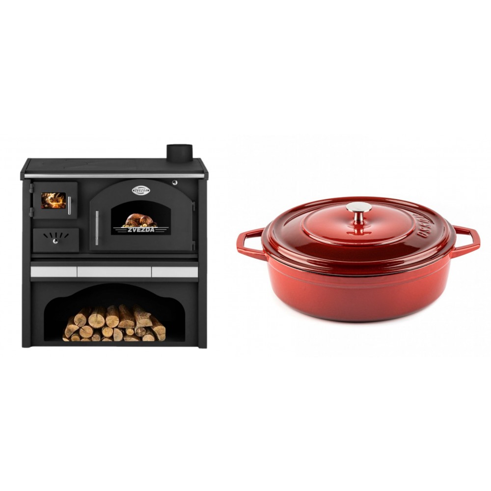 Set Küchenofen / Küchenhexe mit Backofen und Kochplatte Zvezda, Modell Classic GFS Keramik, Leistung 5.9 kW + Gusseisen Topf Flach Solagio, Rubin, Ф28