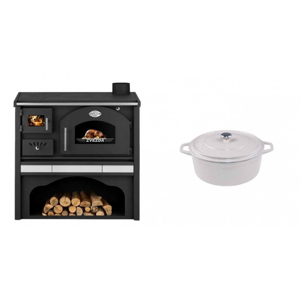 Set Küchenofen / Küchenhexe mit Backofen und Kochplatte Zvezda, Modell Classic GFS Keramik, Leistung 5.9 kW + Gusseisen Topf Tiefer Solagio, Ivory, Ф12 | Kaminofen - Holzofen mit Backfach | Kaminofen |