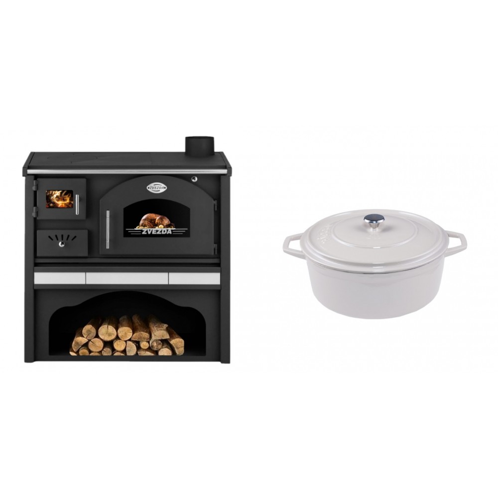 Set Küchenofen / Küchenhexe mit Backofen und Kochplatte Zvezda, Modell Classic GFS Keramik, Leistung 5.9 kW + Gusseisen Topf Tiefer Solagio, Ivory, Ф20 | Kaminofen - Holzofen mit Backfach | Kaminofen |