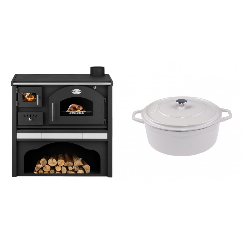 Set Küchenofen / Küchenhexe mit Backofen und Kochplatte Zvezda, Modell Classic GFS Keramik, Leistung 5.9 kW + Gusseisen Topf Tiefer Solagio, Ivory, Ф24 | Kaminofen - Holzofen mit Backfach | Kaminofen |