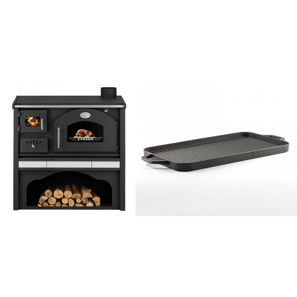 Set Küchenofen / Küchenhexe mit Backofen und Kochplatte Zvezda, Modell Classic GFS Keramik, Leistung 5.9 kW + Große Grillplatte aus Gusseisen Solagio, 25x44cm