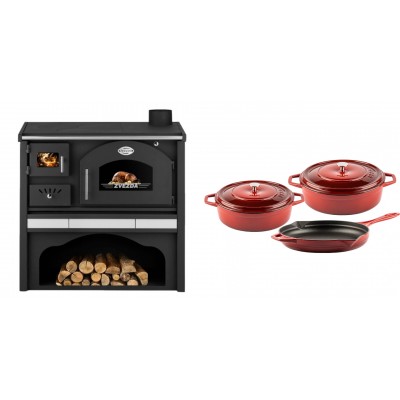 Set Küchenofen / Küchenhexe mit Backofen und Kochplatte Zvezda, Modell Classic GFS Keramik, Leistung 5.9 kW + Gusseisen Topf Set aus 3 teilen Solagio, Rubin - Kaminofen - Holzofen mit Backfach
