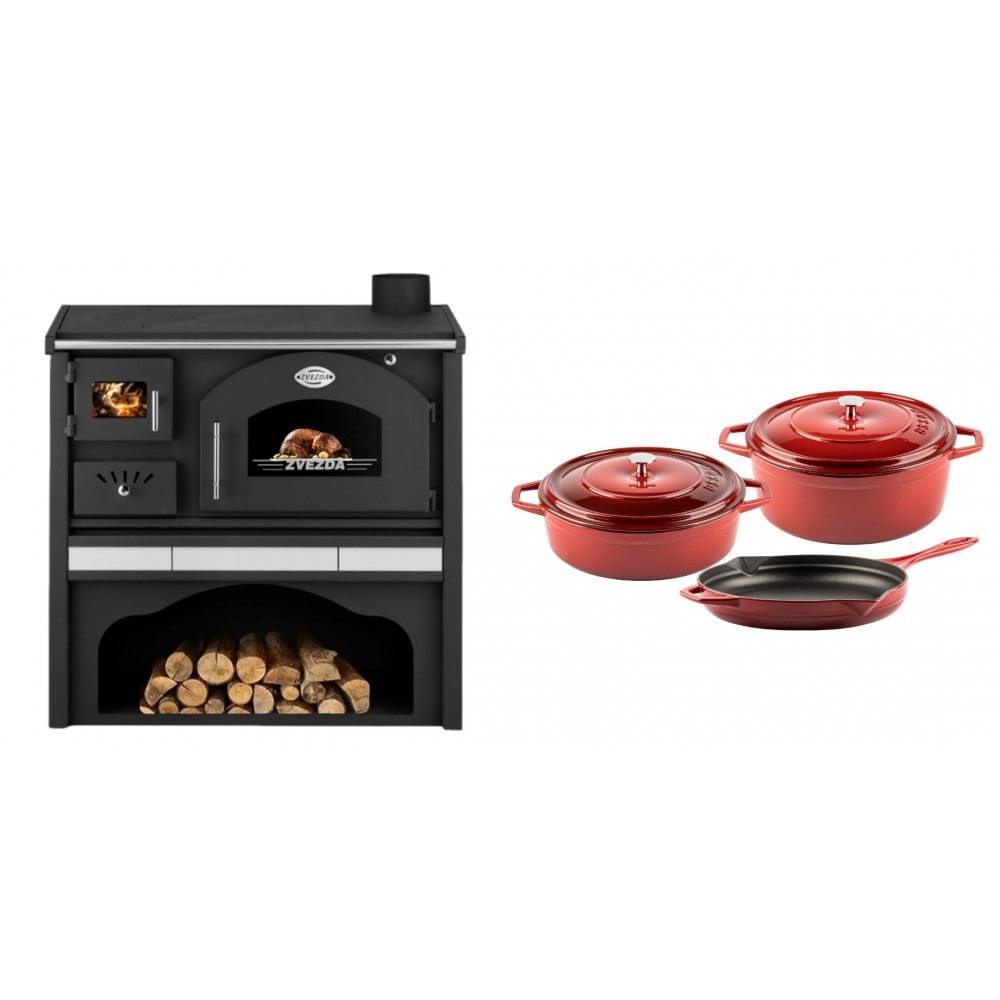 Set Küchenofen / Küchenhexe mit Backofen und Kochplatte Zvezda, Modell Classic GFS Keramik, Leistung 5.9 kW + Gusseisen Topf Set aus 3 teilen Solagio, Rubin | Kaminofen - Holzofen mit Backfach | Kaminofen |