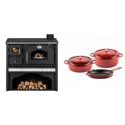 Set Küchenofen / Küchenhexe mit Backofen und Kochplatte Zvezda, Modell Classic GFS Keramik, Leistung 5.9 kW + Gusseisen Topf Set aus 3 teilen Solagio, Rubin - Kaminofen - Holzofen mit Backfach