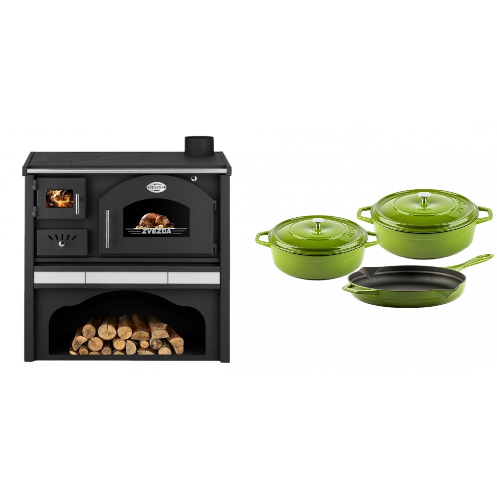 Set Küchenofen / Küchenhexe mit Backofen und Kochplatte Zvezda, Modell Classic GFS Keramik, Leistung 5.9 kW + Gusseisen Topf Set aus 3 teilen Solagio, Bamboo