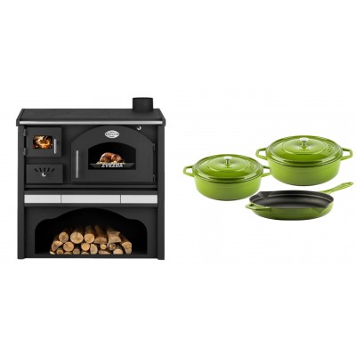 Set Küchenofen / Küchenhexe mit Backofen und Kochplatte Zvezda, Modell Classic GFS Keramik, Leistung 5.9 kW + Gusseisen Topf Set aus 3 teilen Solagio, Bamboo - Kaminofen - Holzofen mit Backfach