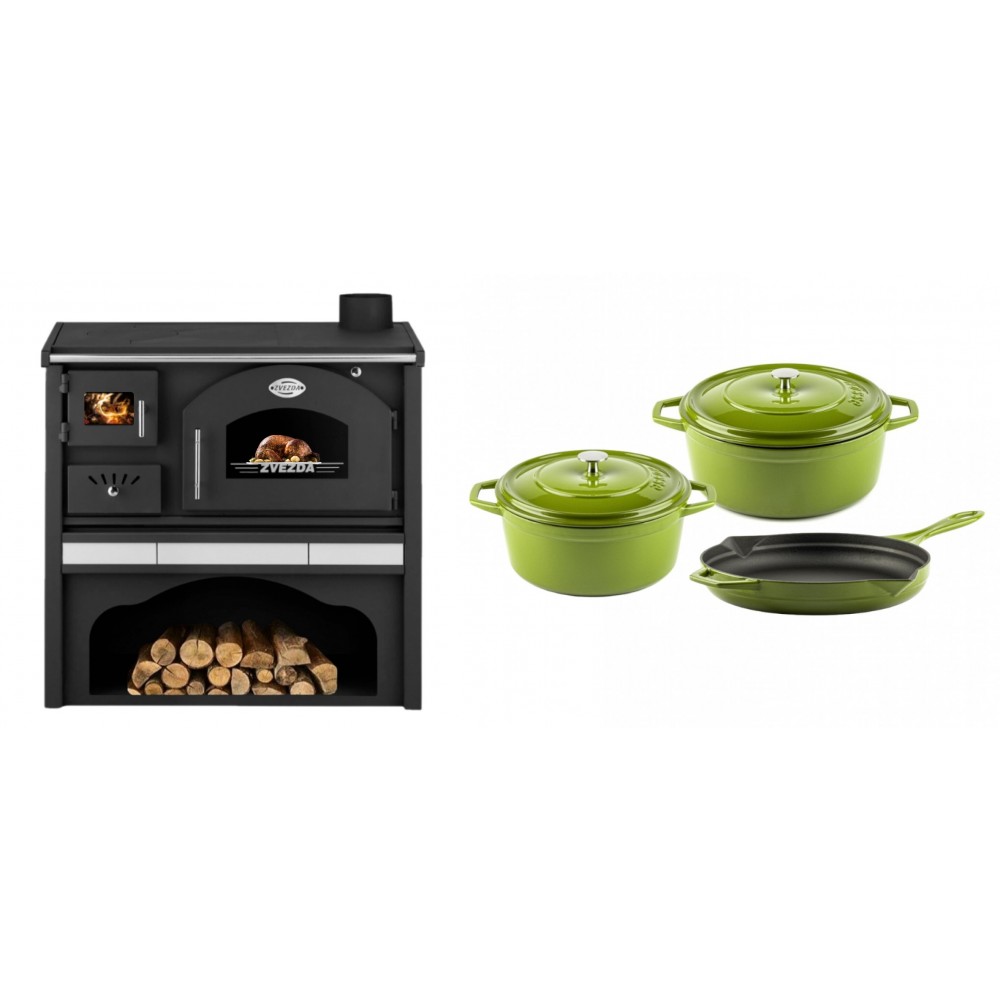 Set Küchenofen / Küchenhexe mit Backofen und Kochplatte Zvezda, Modell Classic GFS Keramik, Leistung 5.9 kW + Gusseisen Topf Set aus 3 teilen Solagio, Bamboo