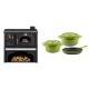 Set Küchenofen / Küchenhexe mit Backofen und Kochplatte Zvezda, Modell Classic GFS Keramik, Leistung 5.9 kW + Gusseisen Topf Set aus 3 teilen Solagio, Bamboo | Kaminofen - Holzofen mit Backfach | Kaminofen |