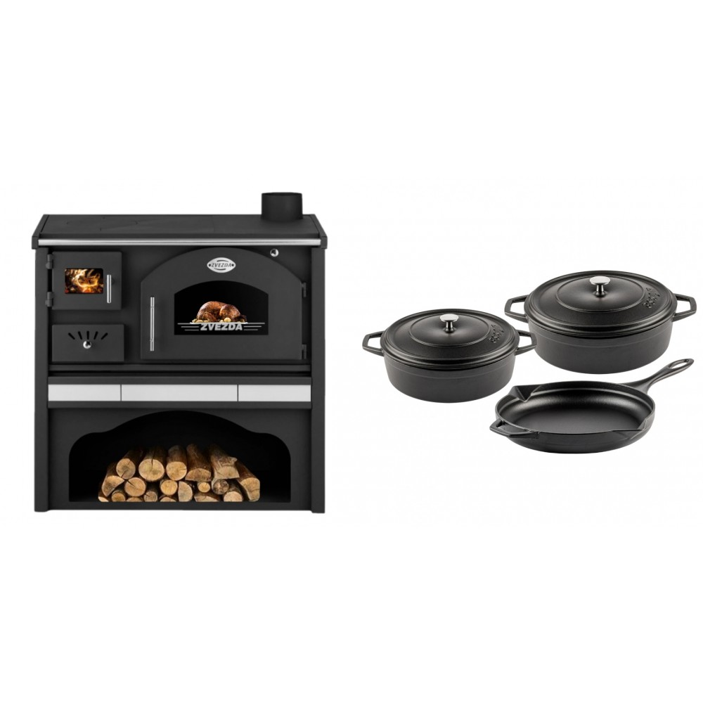 Set Küchenofen / Küchenhexe mit Backofen und Kochplatte Zvezda, Modell Classic GFS Keramik, Leistung 5.9 kW + Gusseisen Topf Set aus 3 teilen Solagio, Black Onyx