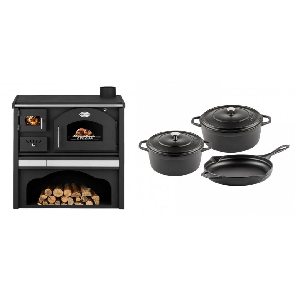 Set Küchenofen / Küchenhexe mit Backofen und Kochplatte Zvezda, Modell Classic GFS Keramik, Leistung 5.9 kW + Gusseisen Topf Set aus 3 teilen Solagio, Black Onyx