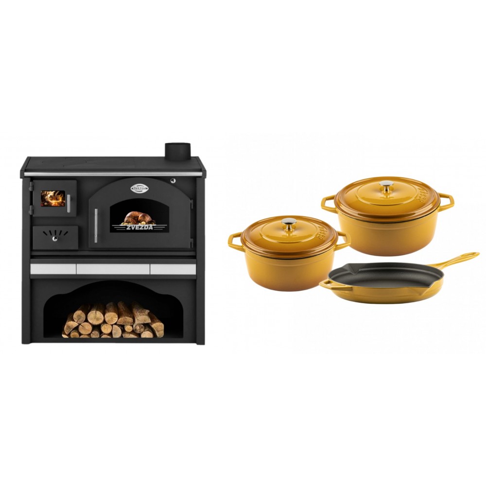 Set Küchenofen / Küchenhexe mit Backofen und Kochplatte Zvezda, Modell Classic GFS Keramik, Leistung 5.9 kW + Gusseisen Topf Set aus 3 teilen Solagio, Dijon