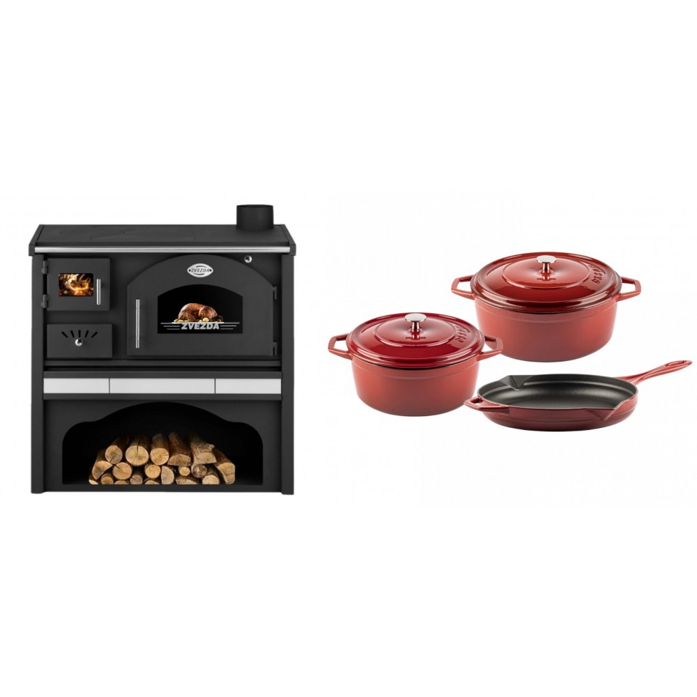 Set Küchenofen / Küchenhexe mit Backofen und Kochplatte Zvezda, Modell Classic GFS Keramik, Leistung 5.9 kW + Gusseisen Topf Set aus 3 teilen Solagio, Rubin