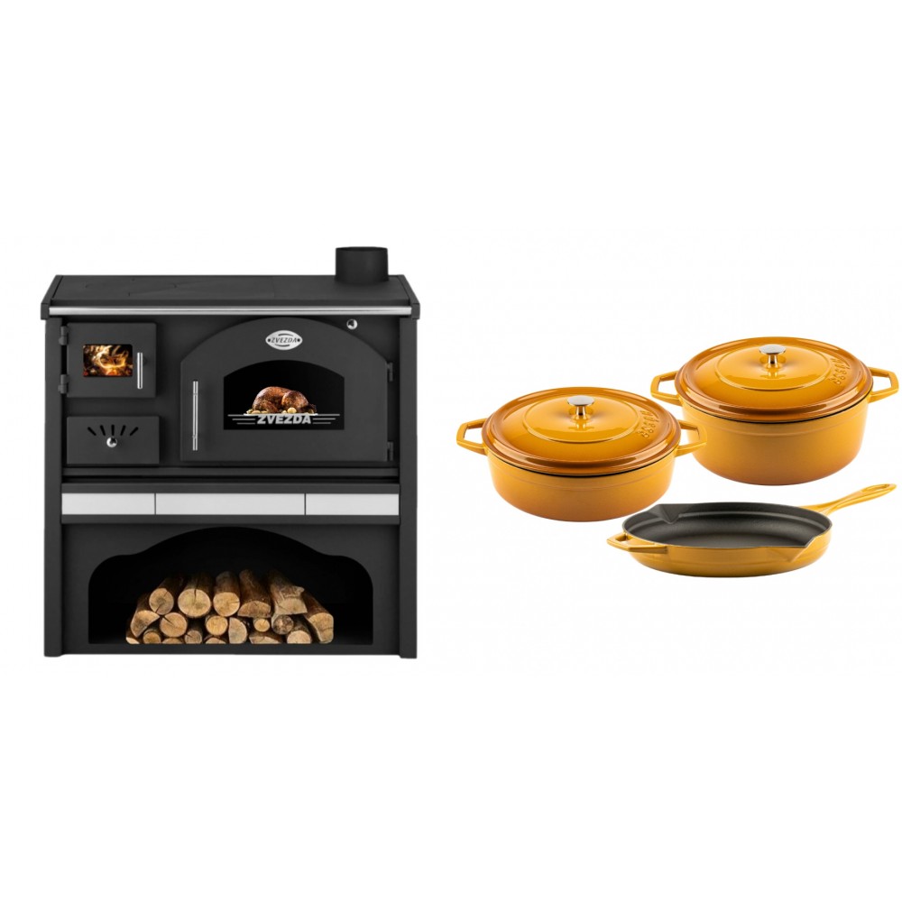 Set Küchenofen / Küchenhexe mit Backofen und Kochplatte Zvezda, Modell Classic GFS Keramik, Leistung 5.9 kW + Gusseisen Topf Set aus 3 teilen Solagio, Dijon